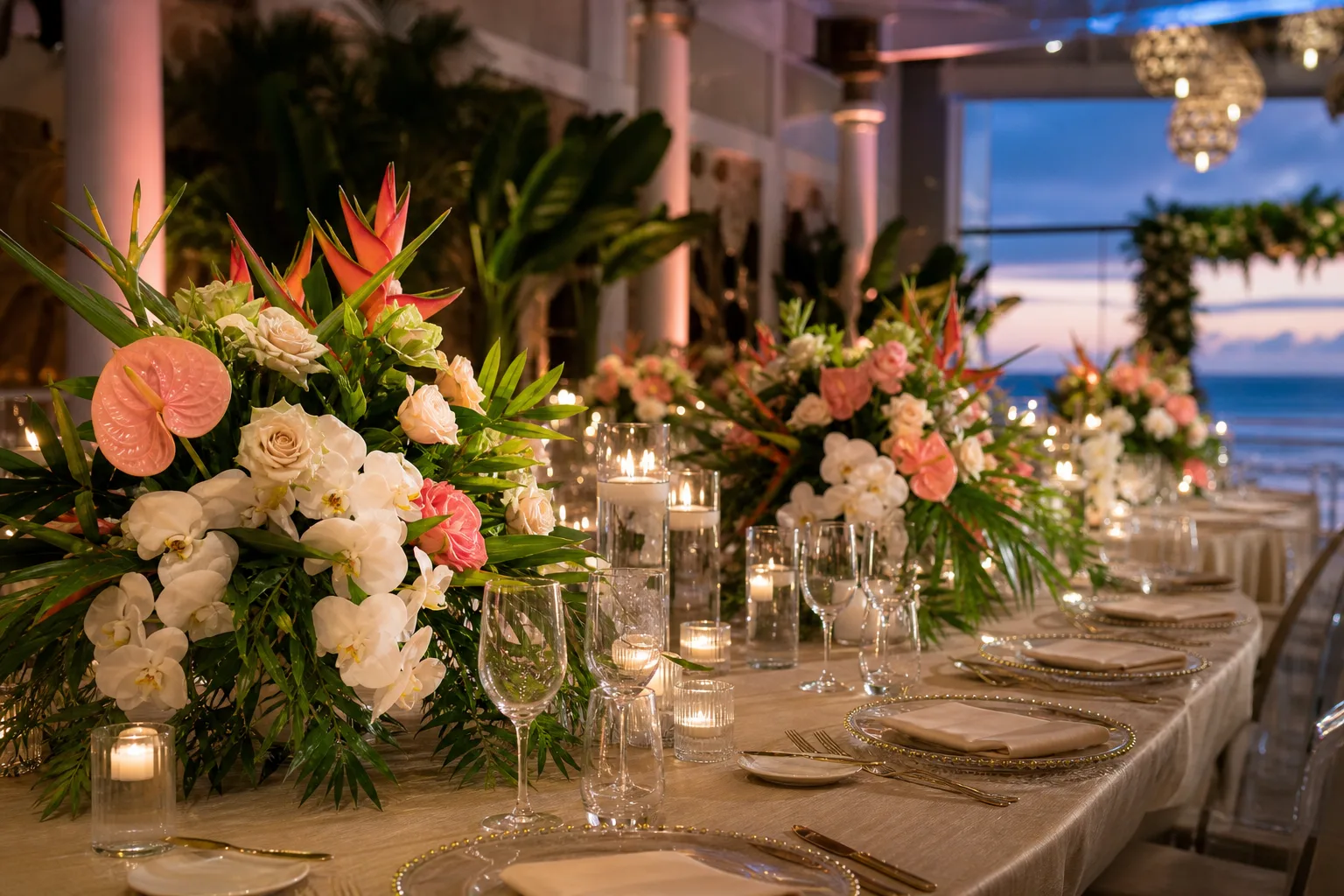 Elegant corporate event floral tablescape