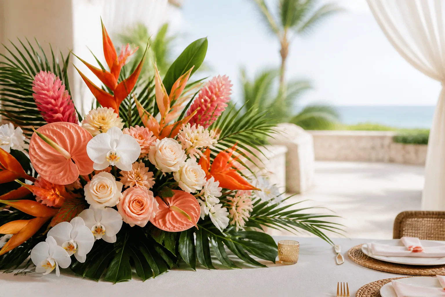 Luxury tropical floral arrangement on a Barbados terrace